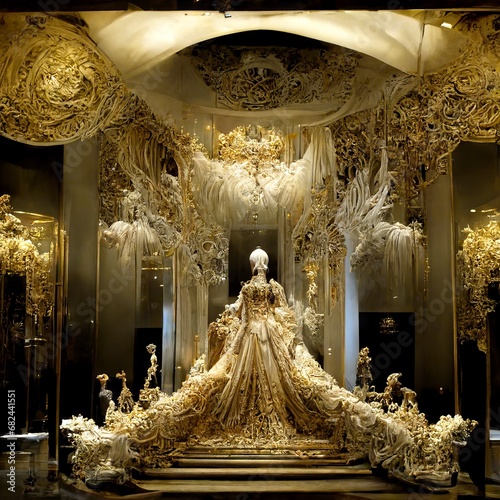 Color illustration of department store display of rococo yellow gown for The Queen in Yellow sinister drama. From the series “Recurring Dreams.”