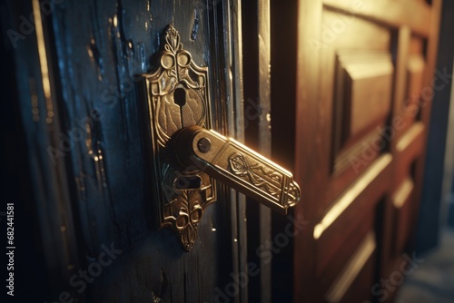 A detailed close-up shot of a door handle on a wooden door. This image can be used to depict home security, entrance, or interior design concepts. photo