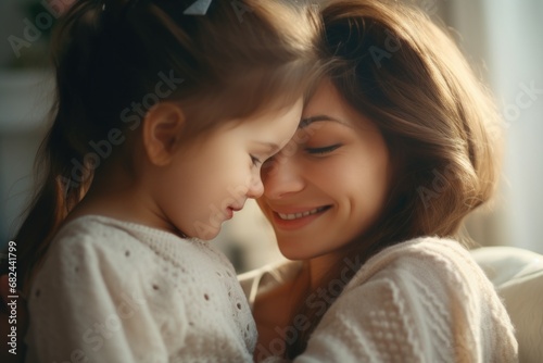 A heartwarming image of a woman and a little girl smiling together. Perfect for capturing the bond between a mother and daughter or any joyful moment shared between loved ones.