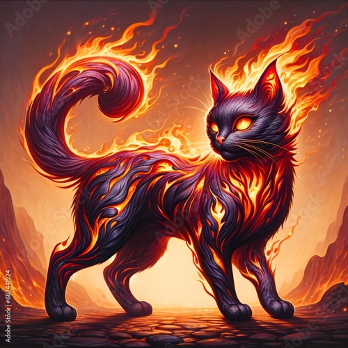 A Fire Cat. This Mythical creature Combines The Features of a Cat with Fiery Elements (Generative AI) photo