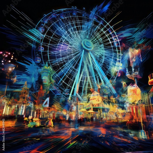 psychedelic color illustration of an amusement park at night with a huge spinning Ferris wheel shown in vibrant neon colors with motion blur. From the series “Carnival.”