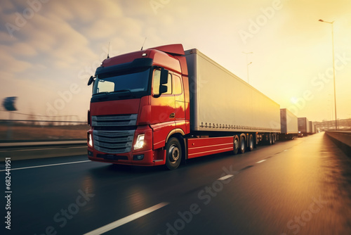 A red semi truck driving down a highway. Suitable for transportation or logistics-themed projects.