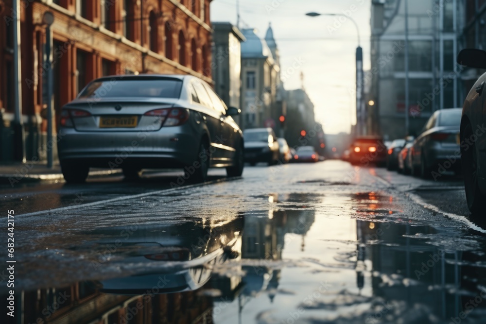 A city street with a puddle of water on the road. This image can be used to depict urban scenes, rainy weather, or reflections.