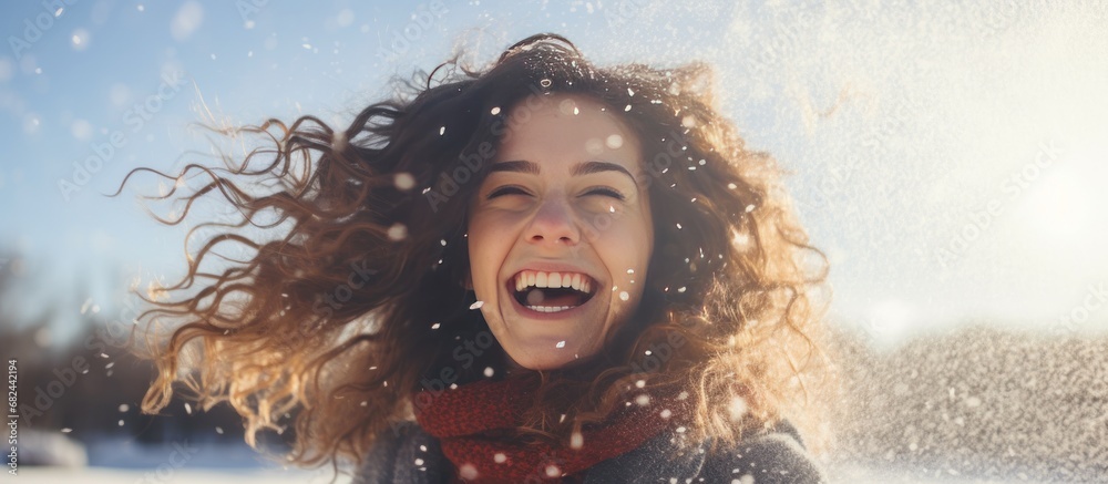 Portrait happy a beautiful young woman in winter clothes on blur snowflakes background. AI generated Portrait happy a beautiful young woman in winter clothes on blur snowflakes background. AI generated