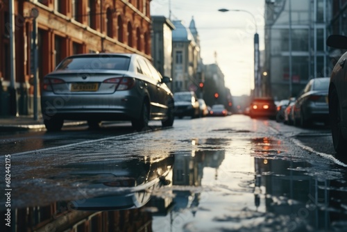 A city street with a puddle of water on the road. This image can be used to depict urban scenes, rainy weather, or reflections. © Ева Поликарпова