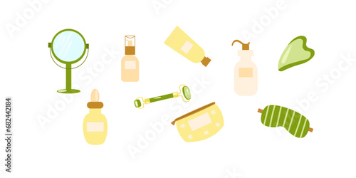 Vector set of cosmetic products, natural scincare, facial massage