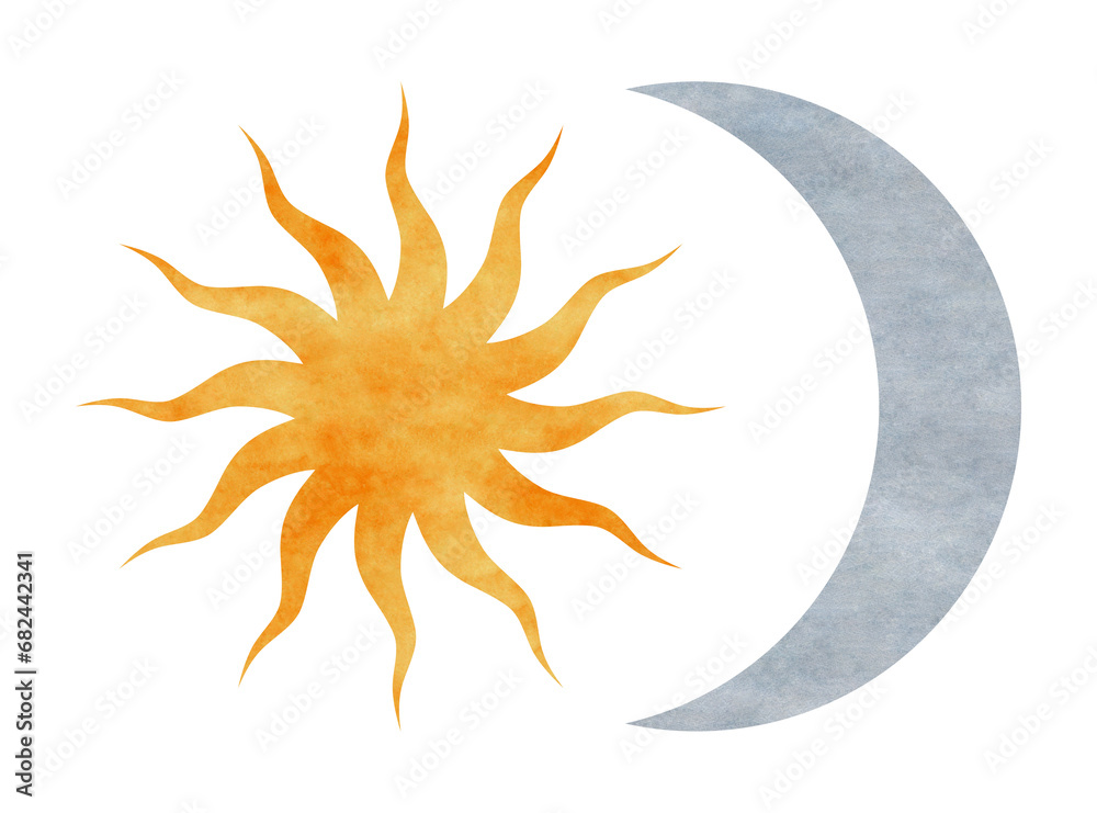 Naklejka premium Watercolor illustration of Celestial bodies Sun and Moon. Symbols of magic and alchemy are isolated on a white background. Spiritual occultism objects