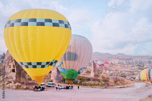 Travel and tourism by Turkey. Famous sightseeing Cappadocia, Anatolia. Beautiful landscape with mountains, caves and baloons.