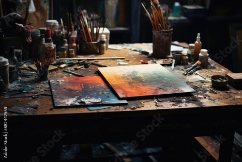 A variety of art supplies neatly arranged on a wooden table. Perfect for artists, crafters, and creative individuals. Use this image to showcase creativity, hobbies, and the joy of creating.
