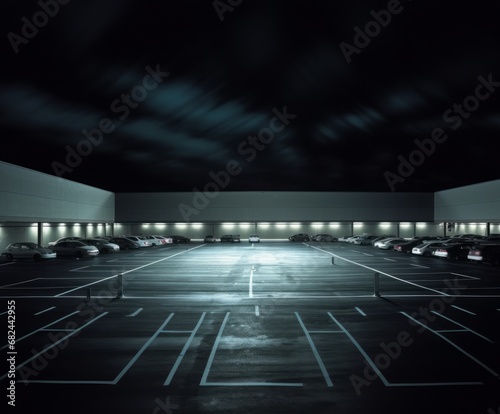 Color photograph of nearly empty rooftop parking lot at night from blown-off-roof perspective showing wide empty asphalt surface and argon lights. From the series “Art Film - Color.”