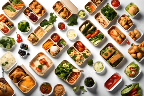 A visually appealing image showcasing a selection of healthy food items in take-away boxes,