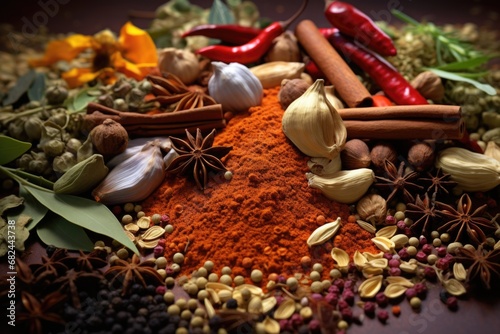 A pile of various spices and herbs arranged neatly on a table. Perfect for culinary and cooking concepts.
