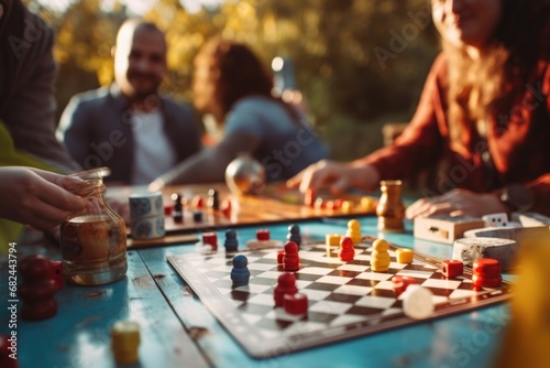 A group of people engaged in a game of chess. This image can be used to represent strategic thinking, teamwork, competition, or leisure activities.