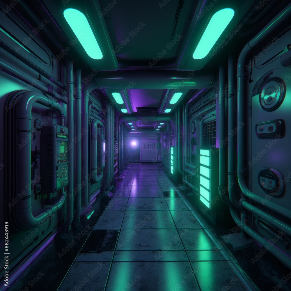 Vaporwave color illustration of a narrow underground hallway through pipes, machinery and utilities. From the series “Cosmic Living.