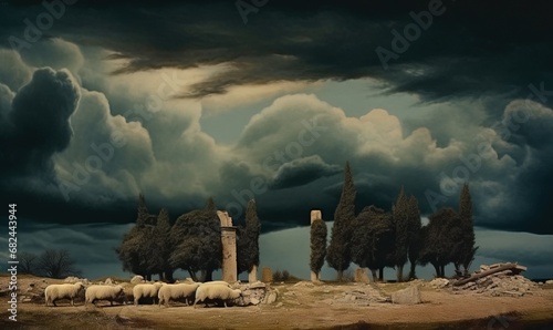 Color landscape photograph showing ruins of a modest ancient tomb in Italian cypress trees with a herd of nearby sheep under a louring cloud, long shot. From the series “Lost Cities of Central Asia.