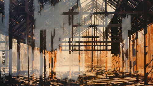 Multiple exposure color photograph of the interior of a partially burned barn with sunlight shining through walls and ceiling joists, photomontage. From the series “Lightbox."