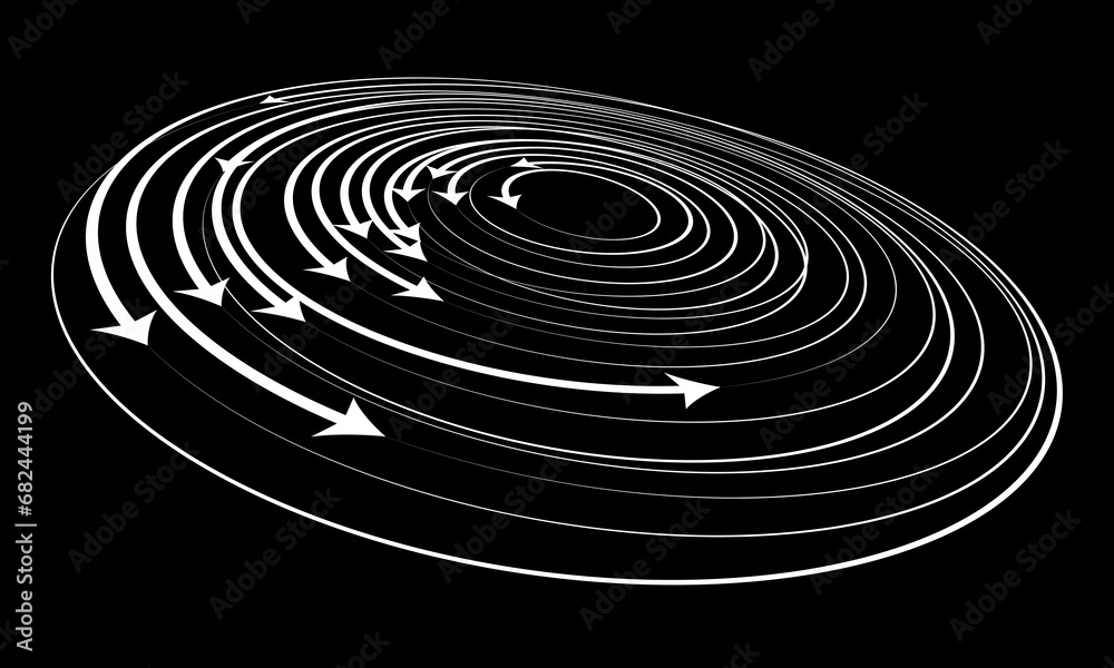 White dynamic speed lines in circle with arrows in perspective. Speed or space concept.