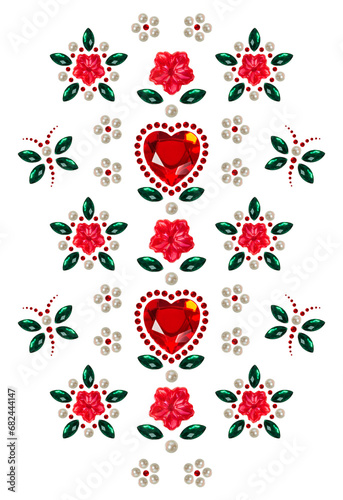 Romantic applique stickers for Valentine's Day: red crystal hearts, flowers, pearls and rhinestones. Greeting card. Love and romantic concept.
