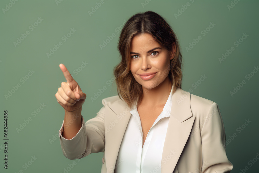A woman pointing at something on a background of green. A woman pointing at something on a background of green.
