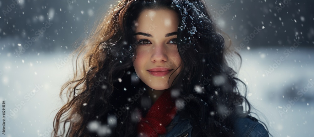 Portrait pretty woman in winter isolated blur snowflakes background. AI generated