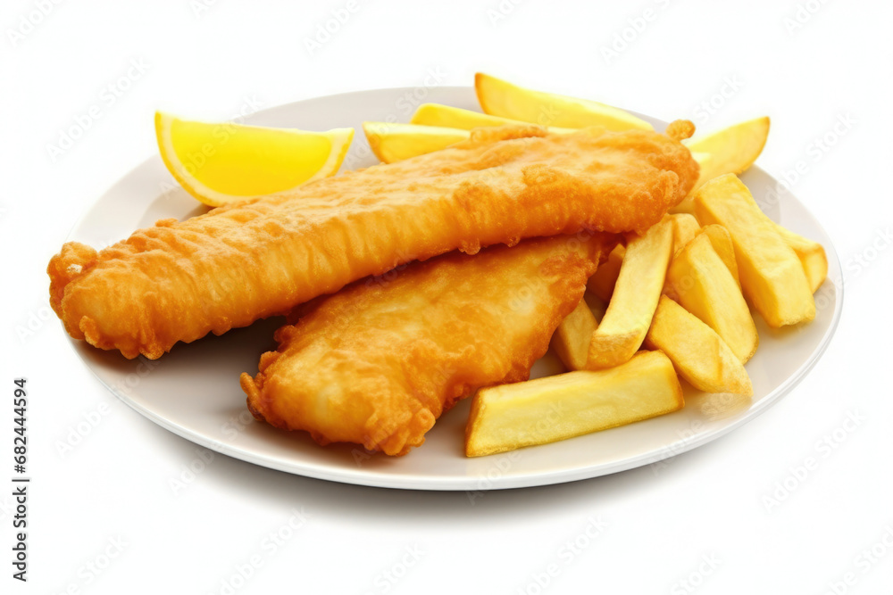 Plate dinner crispy deep fish cod fries chips food french meal batter Plate dinner crispy deep fish cod fries chips food french meal batter