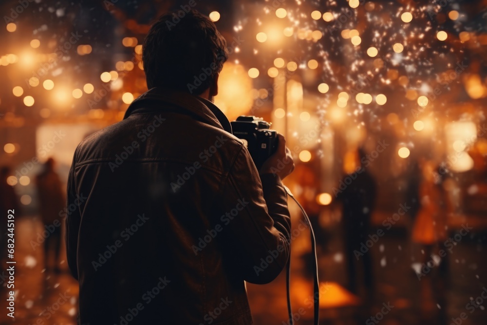 A man standing in the rain, holding a camera. This image can be used to depict various concepts such as photography, weather, creativity, and determination A man standing in the rain, holding a camera. This image can be used to depict various concepts such as photography, weather, creativity, and determination