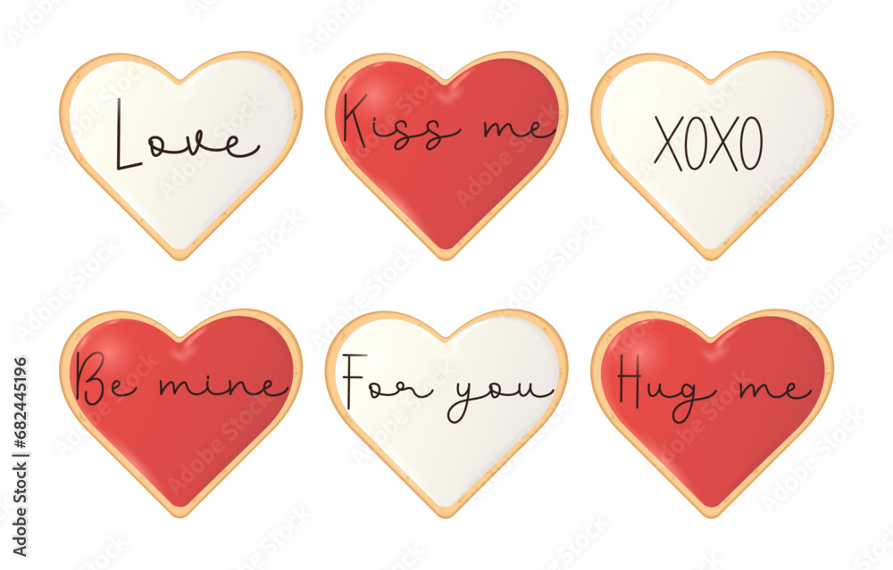 Set festive cookies in the shape of a heart with romantic phrases. Cakes with red and white confectionery icing for Valentine's Day, date, event, party, wedding, anniversary
