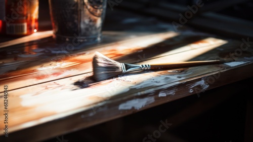Lifestyle shot of painting brush with paint cans on wooden table. Play of light and shadow