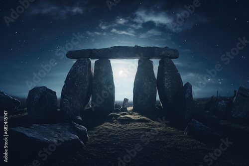 A captivating image of Stonehenge standing tall in the middle of a field at night. Perfect for illustrating ancient history or mystical landscapes