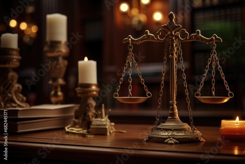 A wooden table with a scale of justice placed next to a lit candle. 