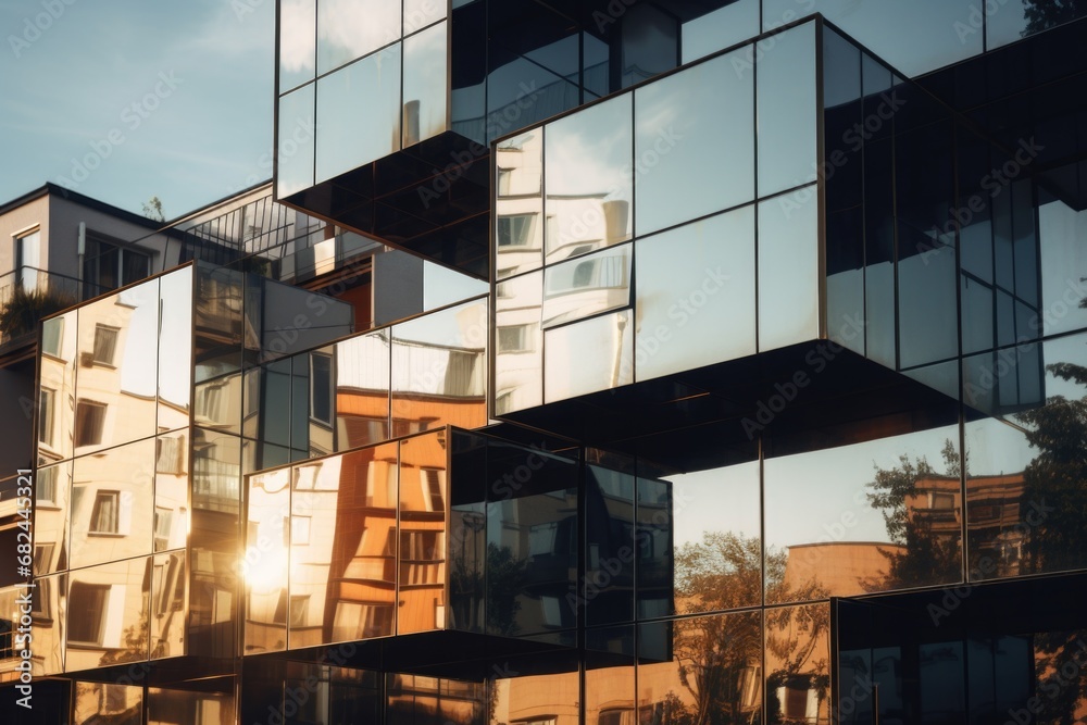 A clear and concise photograph showcasing the reflection of a building in a glass building. 