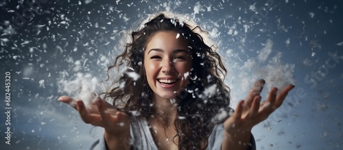 Portrait a beautiful young woman in winter blur snowflakes background. AI generated