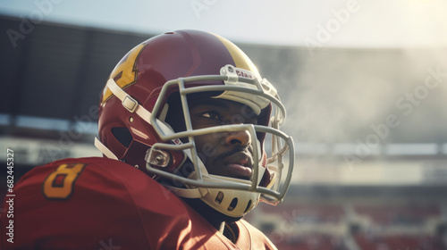 Determined football player in helmet with intense focus, ready for the game