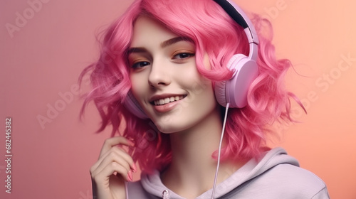 Joyful girl with pink hair enjoying music in headphones, vibrant youthful energy