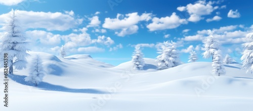 Winter landscape with fir trees in the snow at sunny day. AI generated image