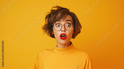 Shocked young woman in glasses with surprised expression.