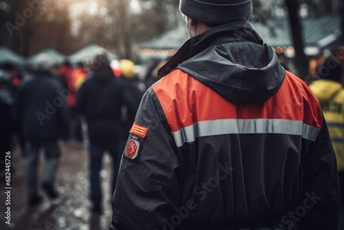 A man wearing an orange and black jacket stands confidently in front of a large crowd. This image can be used to depict leadership, public speaking, or a person of influence addressing an audience