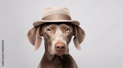portrait of weimaraner dog in stylish hat, isolated on clean background