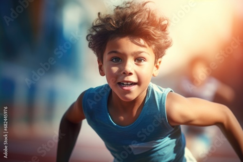 A young boy is captured in action as he runs on a track. This image can be used to depict fitness, sports, or active lifestyle themes