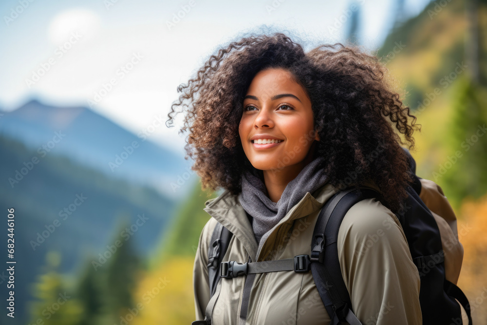 Portrait of an attractive young black woman enjoying a hike in the mountains. A showcase of wanderlust and joy of mountaineering Portrait of an attractive young black woman enjoying a hike in the mountains. A showcase of wanderlust and joy of mountaineering