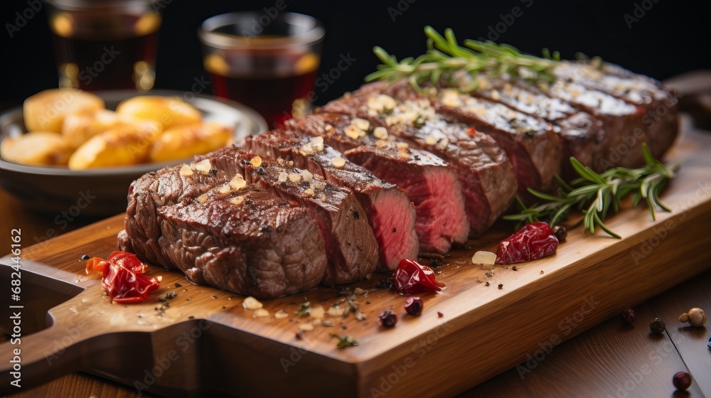 Delicious baked beef cooked to medium rare. Served on a wooden board with aromatic herbs, grilled slices and sauces, Concept: gourmet dinner atmosphere
Delicious baked beef cooked to medium rare. Served on a wooden board with aromatic herbs, grilled slices and sauces, Concept: gourmet dinner atmosphere