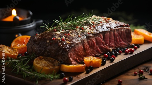 Delicious baked beef cooked to medium rare. Served on a wooden board with aromatic herbs  grilled slices and sauces  Concept  gourmet dinner atmosphere  