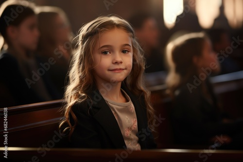 A young girl sitting quietly in a church. Suitable for religious and spiritual themes