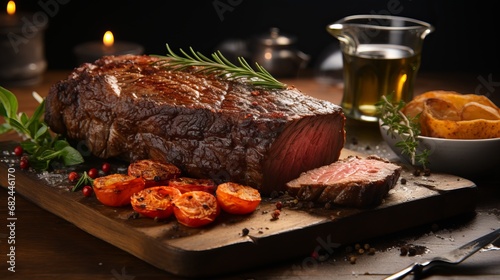 Delicious baked beef cooked to medium rare. Served on a wooden board with aromatic herbs, grilled slices and sauces, Concept: gourmet dinner atmosphere 