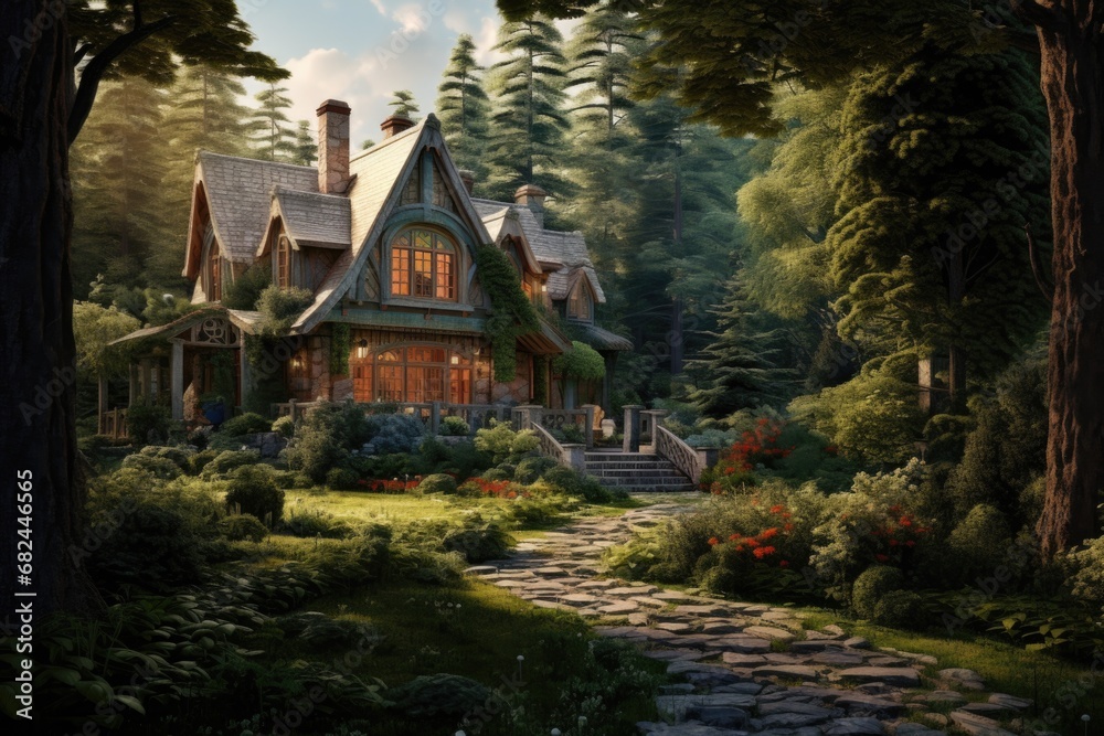 A painting of a house nestled in a serene woodland setting. Perfect for adding a touch of nature to any space