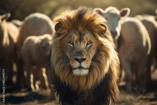 A powerful lion stands confidently in front of a large herd of sheep. This image can be used to represent leadership  dominance  or the concept of standing out from the crowd