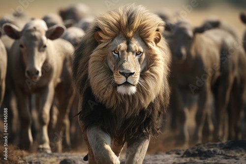 A powerful lion confidently walks in front of a large herd of cattle. This image can be used to depict strength  leadership  and dominance in various contexts