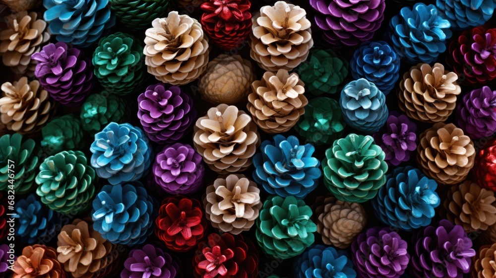 A bright composition of colorful cones. Festive holiday decoration and Christmas decorations