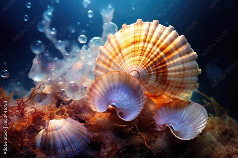A group of sea shells sitting on top of a bed of seaweed. This image can be used to depict marine life, beach vacations, or coastal themes A group of sea shells sitting on top of a bed of seaweed. This image can be used to depict marine life, beach vacations, or coastal themes