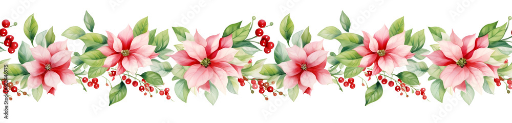 Seamless border with red poinsettias and berries, perfect for holiday designs. Seamless border with red poinsettias and berries, perfect for holiday designs.